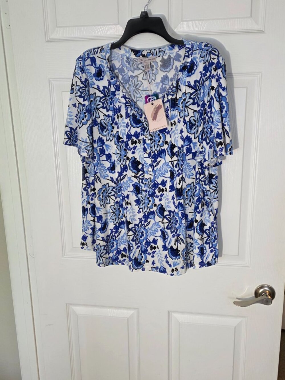 Carolyn Taylor floral flower blue white black Print Stretch Shirt Blouse 1x - Picture 2 of 13